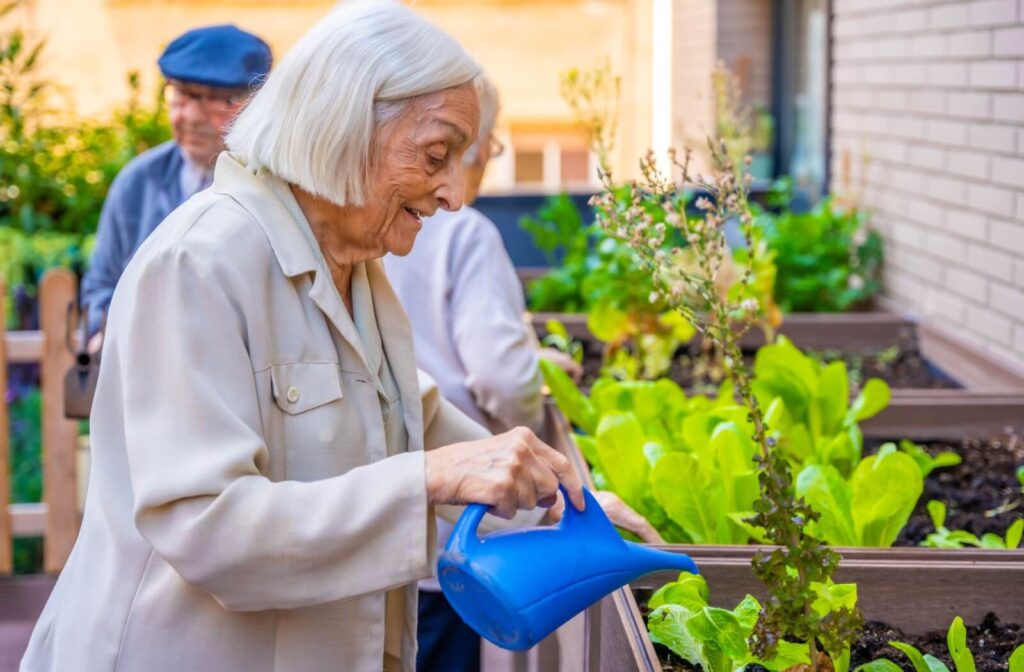 Three seniors with dementia help water plants in their memory care community garden, an activity that fosters fulfillment