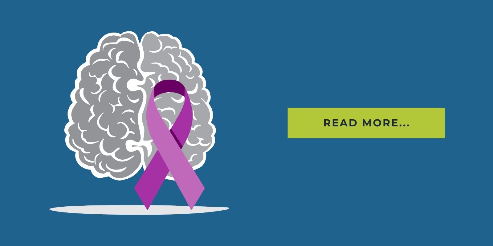 Illustration of a brain with a purple ribbon to represent Alzheimer's disease beside the text "Read More" in a box.