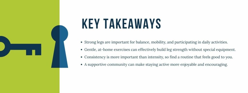 infographic that says 'Key Takeaways
Strong legs are important for balance, mobility, and participating in daily activities.
Gentle, at-home exercises can effectively build leg strength without special equipment.
Consistency is more important than intensity, so find a routine that feels good to you.
A supportive community can make staying active more enjoyable and encouraging.'