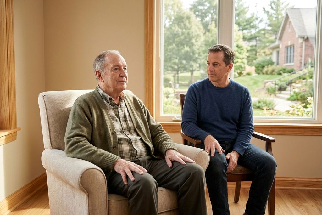 Older adult in a green cardigan sits in an armchair by a window while a younger adult beside them looks over with a concerned expression.