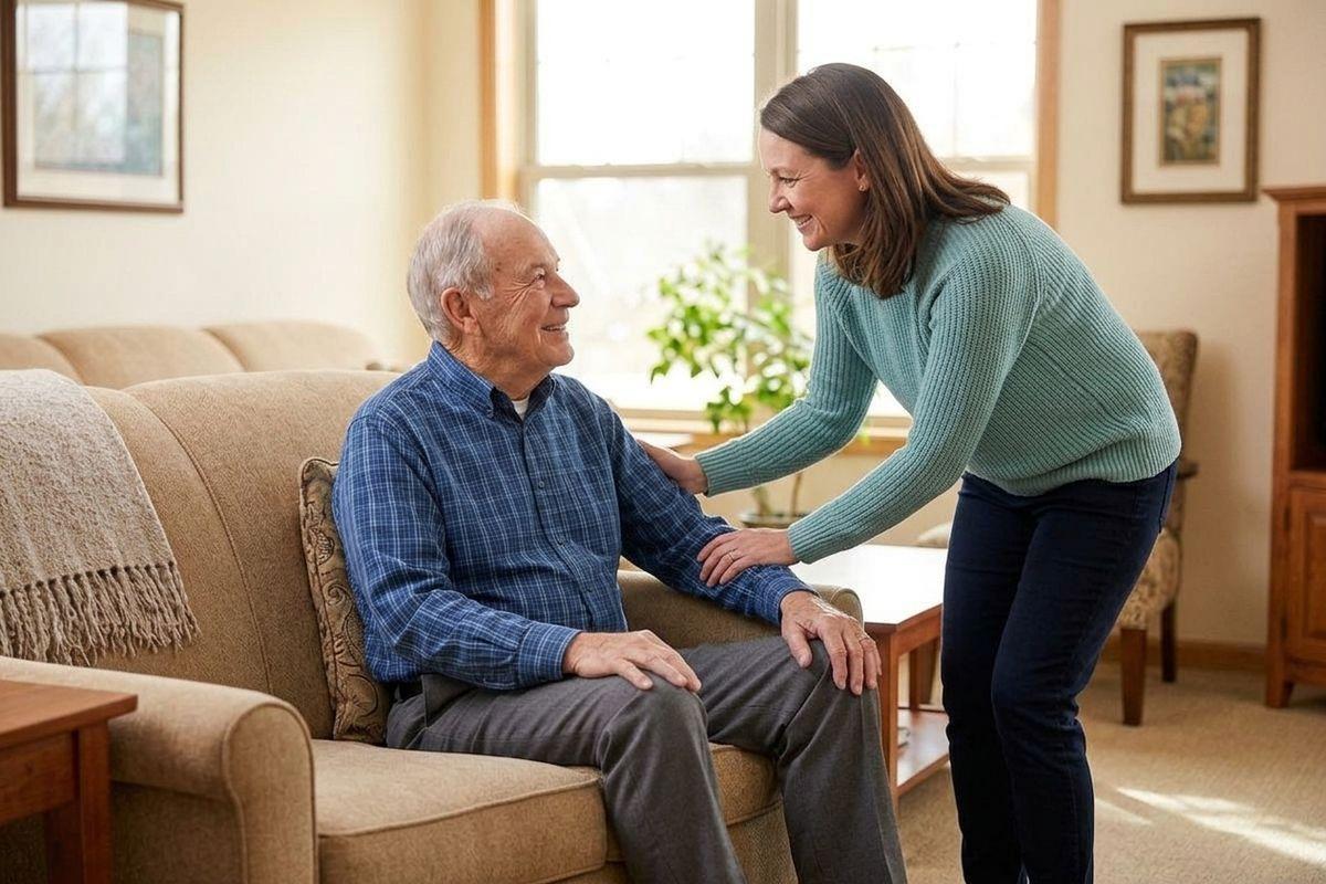 A adult daughter leans over to help a senior seated on a living room sofa.